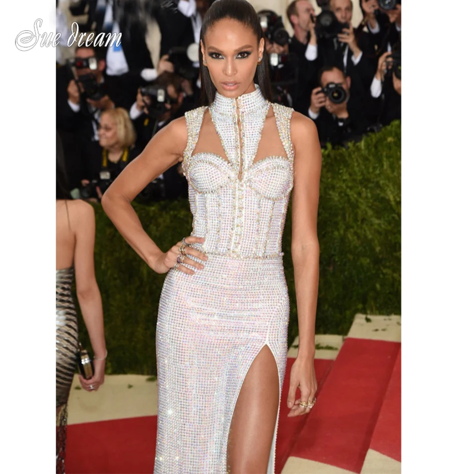 Женское вечернее платье-макси белое черное облегающее платье с бриллиантами и