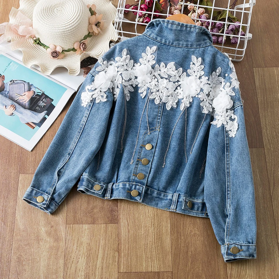 

2021 Spring Autumn Fashion Child Kid Outwear Kids Lace Denim Jackets for Girls Baby Applique Beading Coats Ripped Jeans Jackets