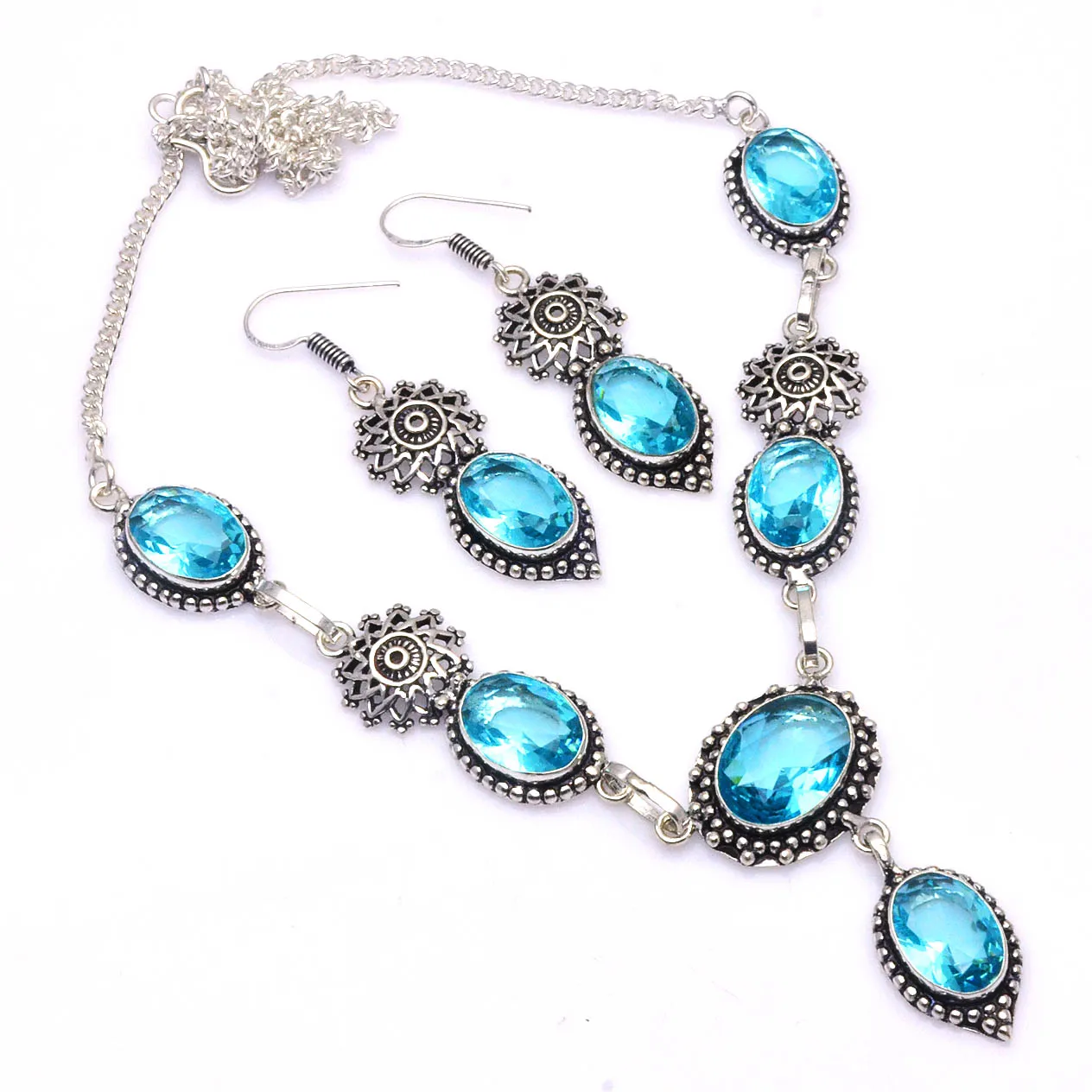 

Genuine Blue Topaz Necklace + Earings Silver Overlay over Copper, 53 cm , N4646
