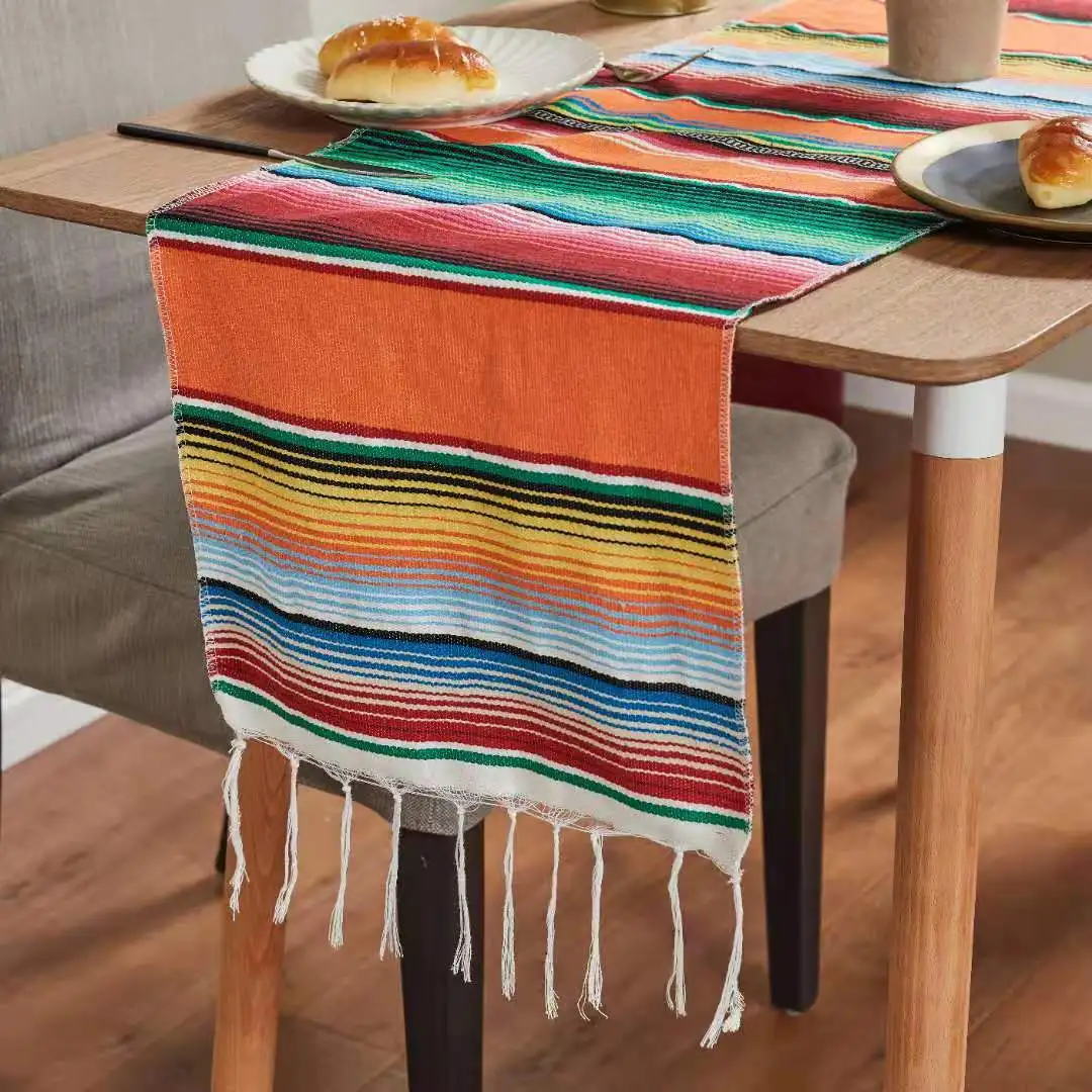 

NEW INS Mexican Table Runner Stripe Shawl Blanket Rainbow Tablecloth Beach Mat with Tassel 35*215cm