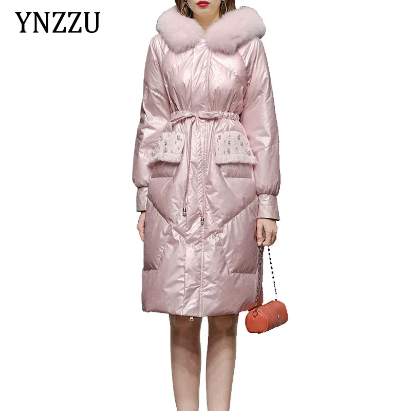 

Women Winter Fox fur collar down jacket Fashion Pink Adjustable waist Thick warm down jacket Elegant Long Overcoat YNZZU 1O222