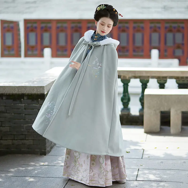 

Hanfu autumn and winter ancient costume Hanfu female adult's Cape super fairy embroidery long woolen cape with warm collar