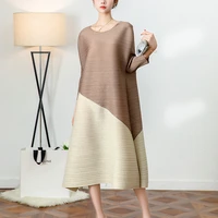 plus size dress for women 45 75kg autumn new round neck loose stretch miyake pleated contrast color dress female