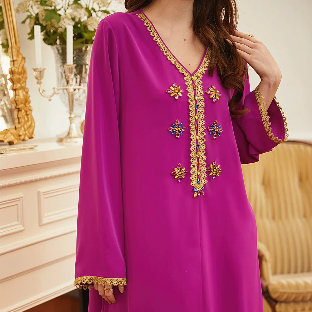 

2021 Middle East Dubai Robe Muslim Rose Red Hand-stitched Diamond Gold Embroidery Side Long Sleeve Arabian Long Skirt Dress