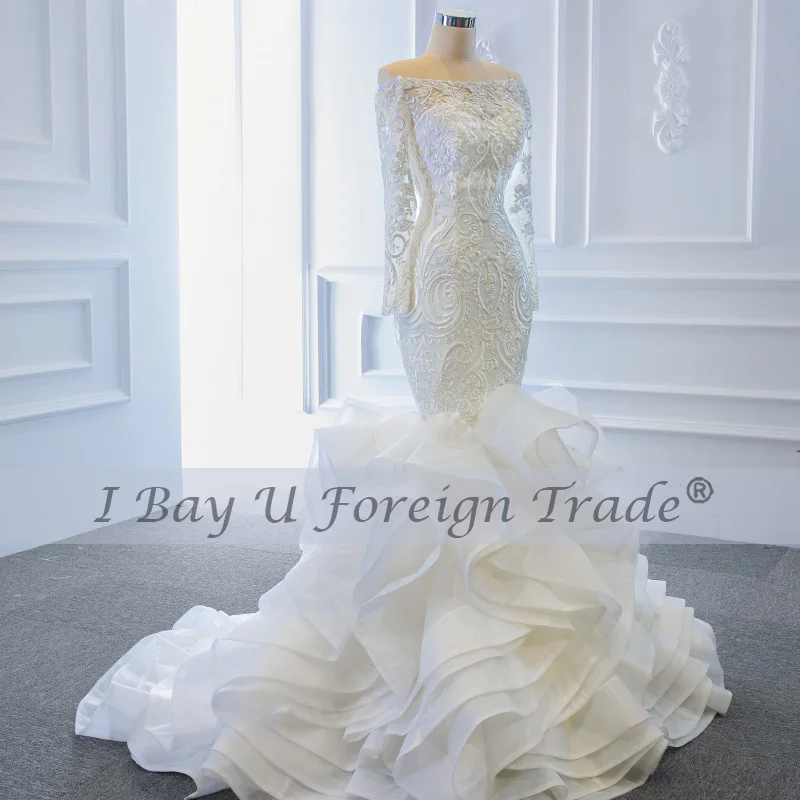 Off Shoulder Long Sleeve Mermaid Bridal Gown Special Design Lace Full Beading Wedding Dress African Bride Dress Woman 2020 New