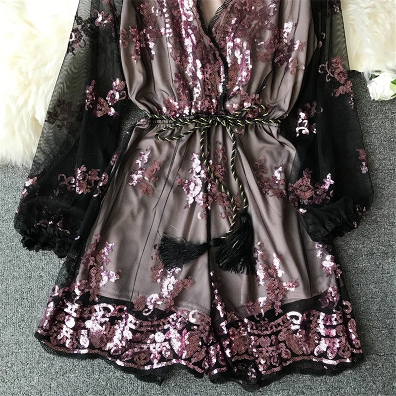 Брюки новинка весны платье брюки вышивка блестками длинные рукава v-образный