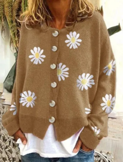 

Women’s Casual Long-sleeved Cardigan Fresh Little Daisy Round Neck Sweater Single-breasted Flower Knitted Loose Button Coat