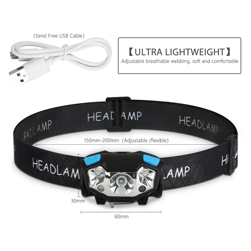 

Светодиодный налобный фонарь с перезаряжаемой кнопкой управления + датчик движения наружное портативное освещение с регулируемым градусом