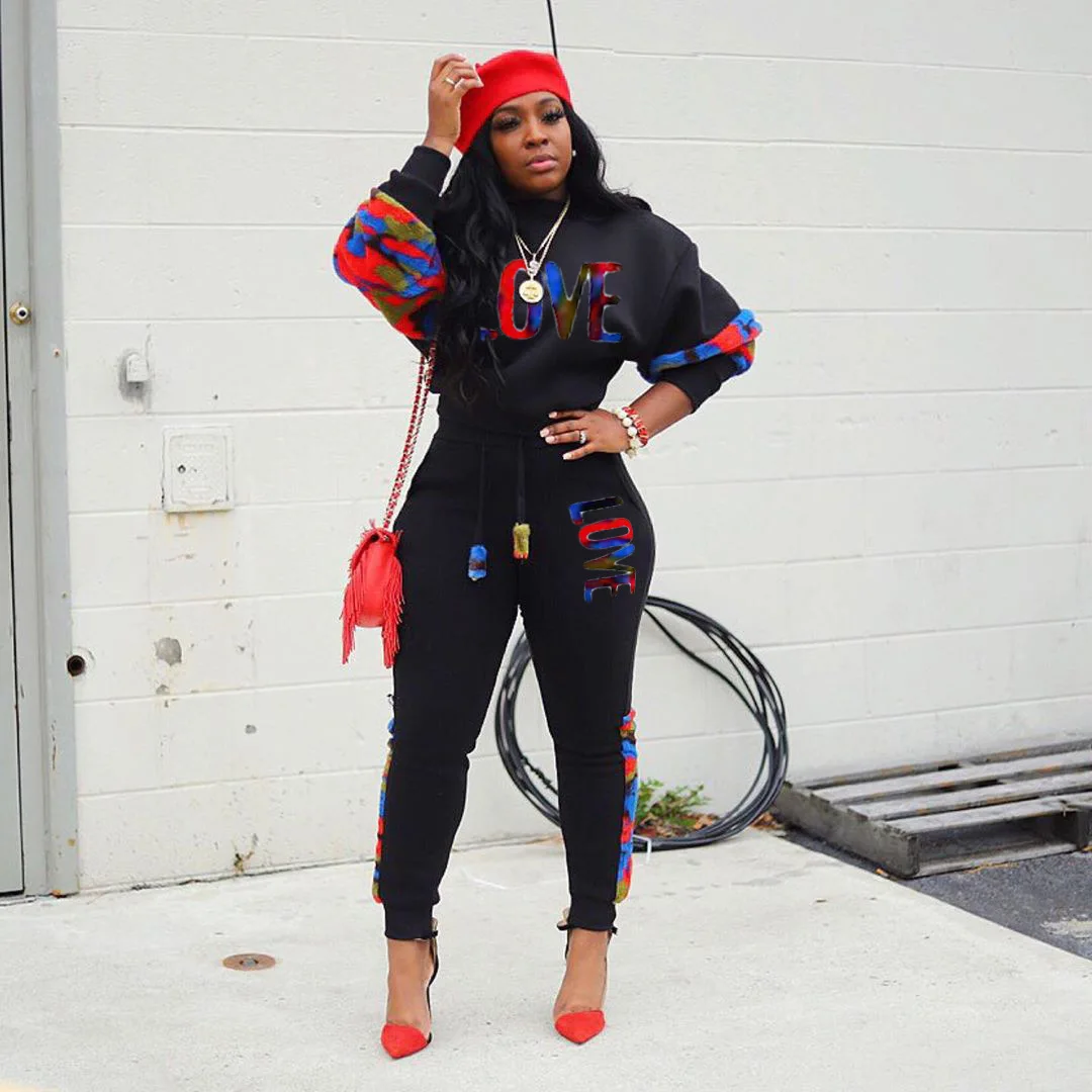 

Sport Sweatsuit 2 Piece Set Women Spring Autumn LOVE Print Jogging Set Suit Long Sleeve Elastic Waist Camouflage Tracksuit Women
