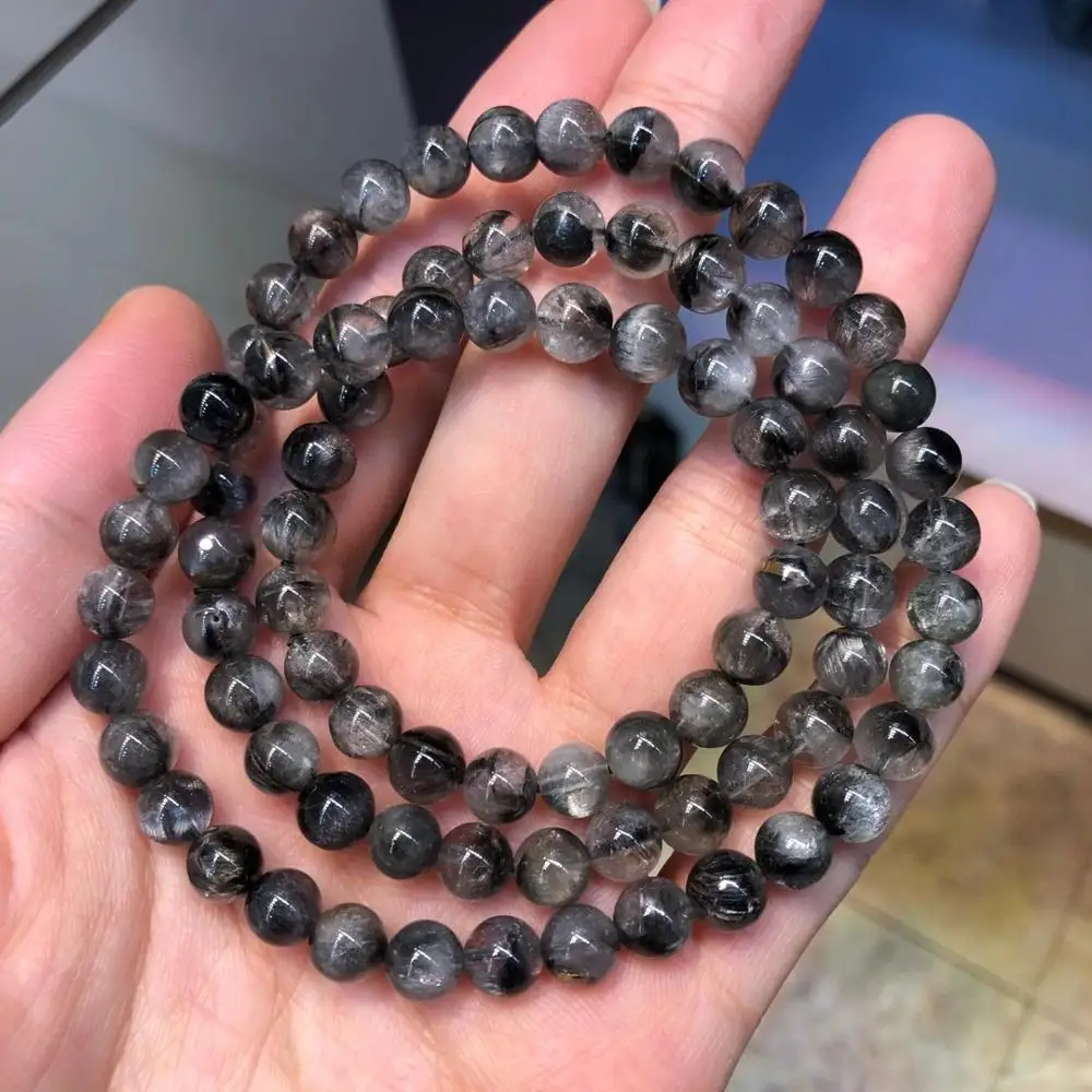 

Natural Brookite Platinum Silver Rutilated Quartz Bracelet 6.8mm Woman Men 3 Laps Round Beads Gift Crystal Stretch Lucky AAAAA