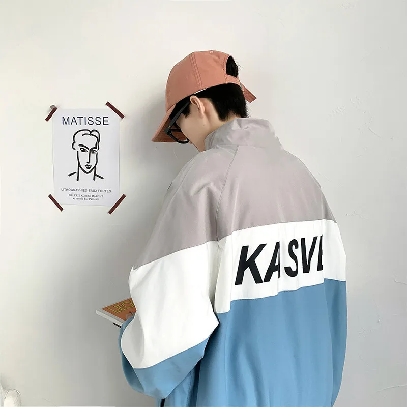 

Mens Baseball Jacket Male Color Contrast Sports Jacket Mens Stand Loose Handsome Couple Letter Print Zipper Jacket Spring Autumn
