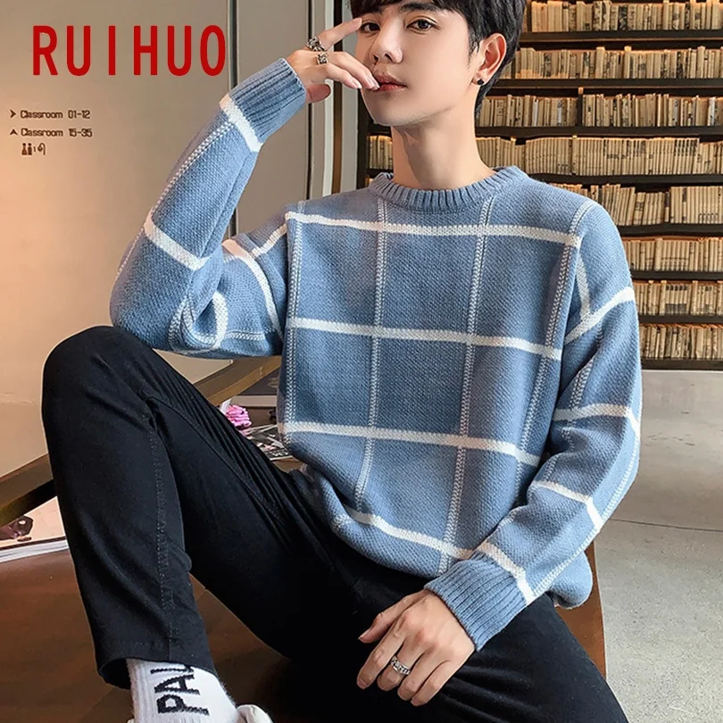 RUIHUO 2021 новый весенний клетчатый свитер для повседневной носки мужчин Slim Fit