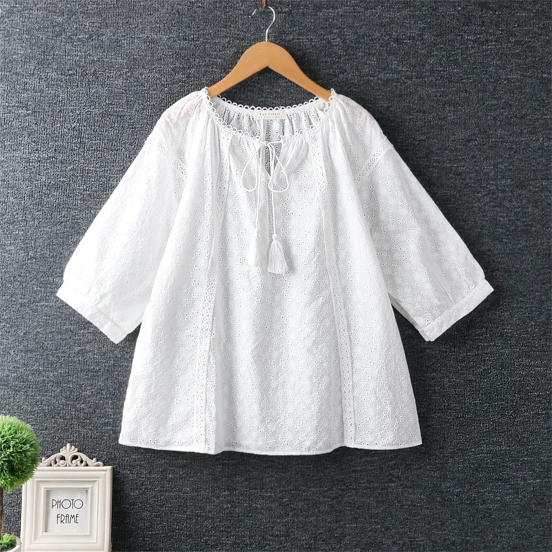 

2020 new summer fresh o neck embroidery cotton Pullover Tops short sleeve cotton shirt female