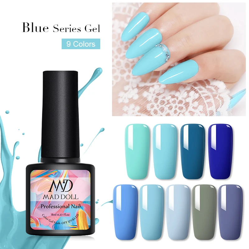 MD MAD DOLL 8 мл Гель лак синяя серия впитывающий УФ Одноцветный светодиодный гель для