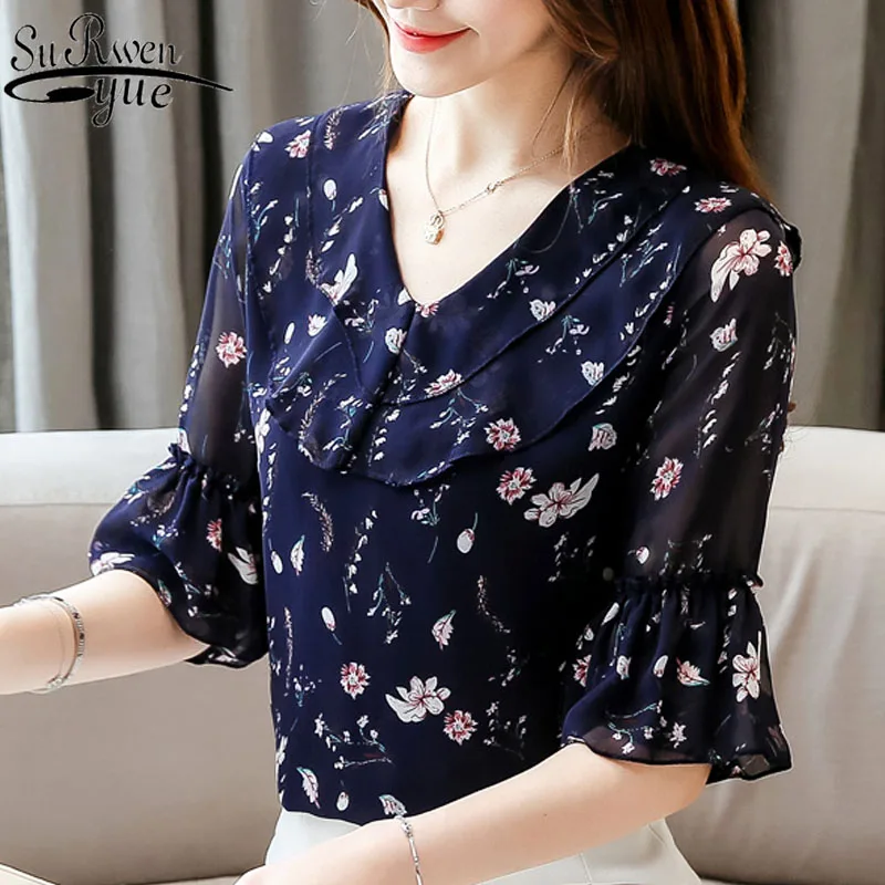 Модные женские топы и блузки 2020 шифоновая блузка с цветочным принтом оборками