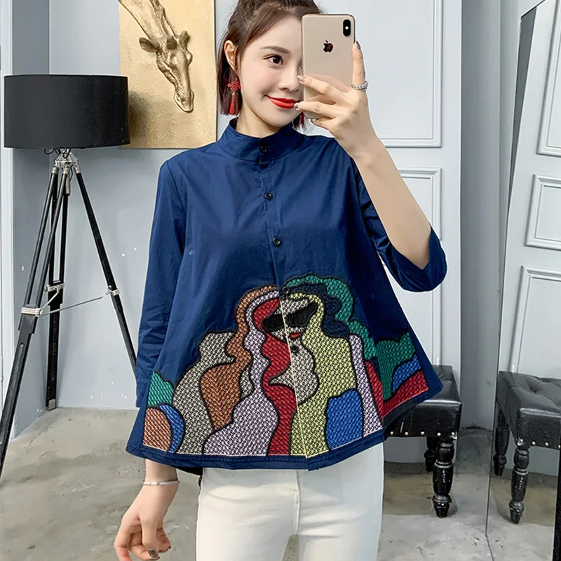 Женская блузка с вышивкой Ailegogo повседневная однобортная воротником-стойкой