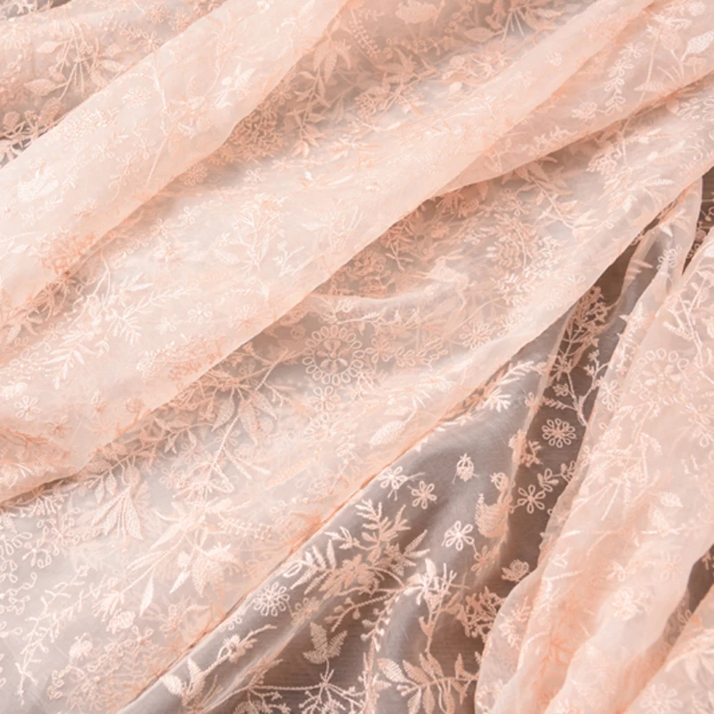 

140CM Wide Embroidered Pink Stiff Silk Organza Fabric for Summer Spring Jacket Dress Skirt H658