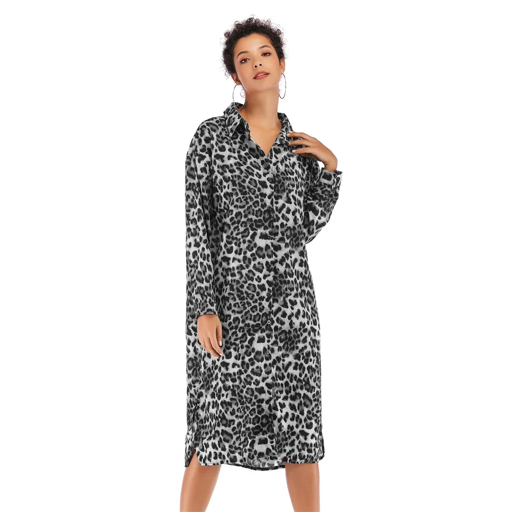 

Thin Chiffon Women Dress Long Sleeve Turn-down Collar Mid-Calf Loose Style Leopard Prints Causal Dresses