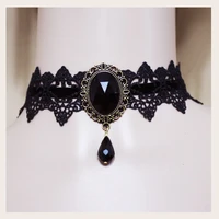 fashion gothic elegant women lace choker necklace multicolor gemstone pendant retro style handmade necklace