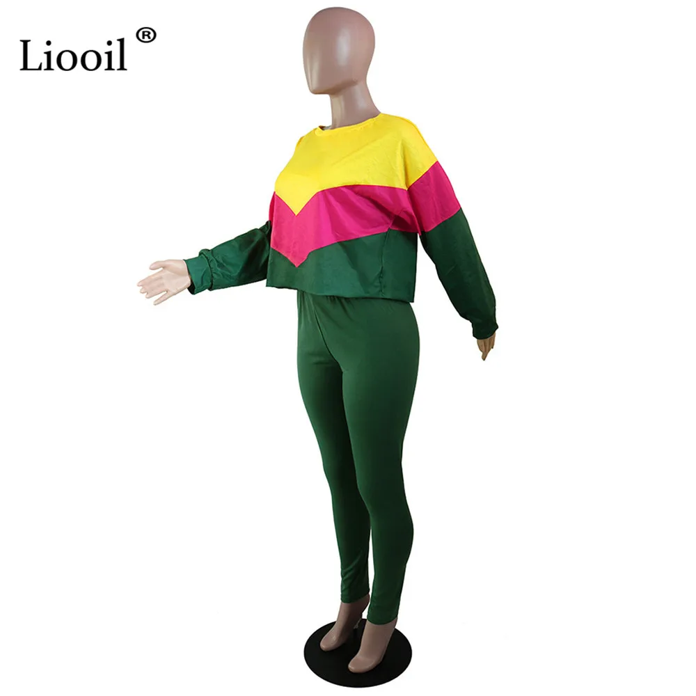 Liooil/спортивный костюм с цветным блоком, Женский комплект из двух предметов, осень, свободный свитер с длинными рукавами и брюки-карандаш, спортивные комплекты