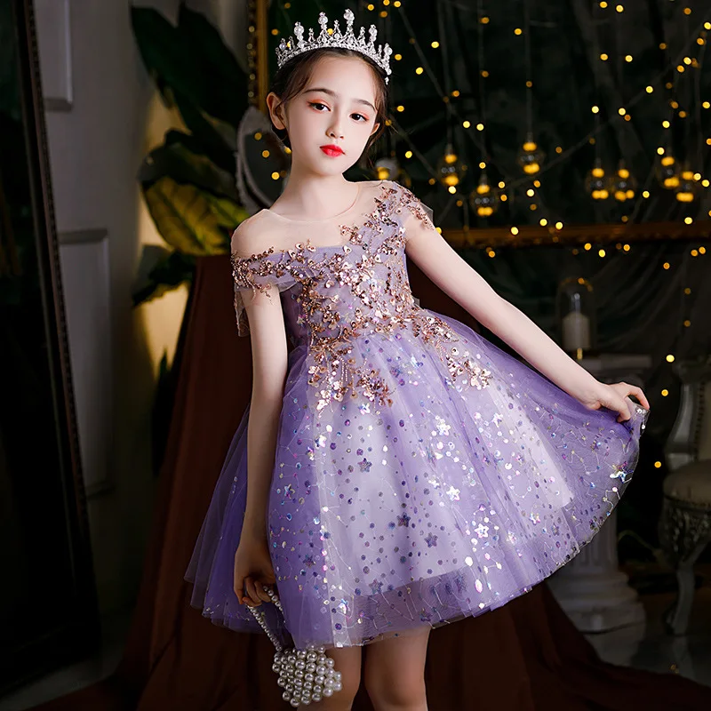 

Платье фиолетовое вечернее ТРАПЕЦИЕВИДНОЕ из тюля, блестящее платье для свадьбы и вечевечерние, для девочек-подростков, дня рождения, с анг...