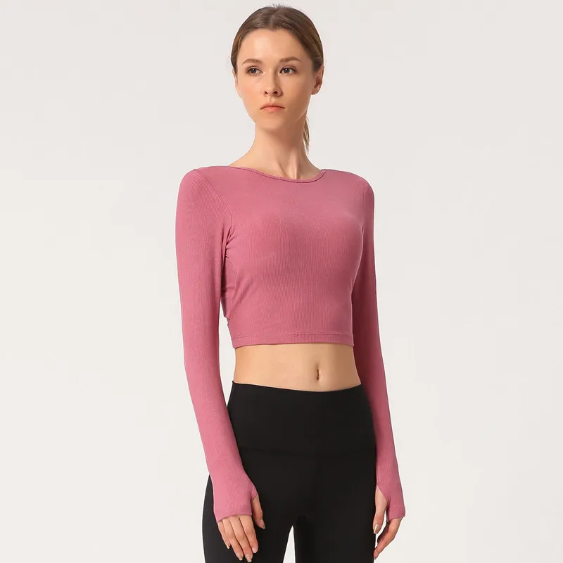 Женская рубашка с длинным рукавом BESCSHERE ребристая ткань для фитнеса и танцев