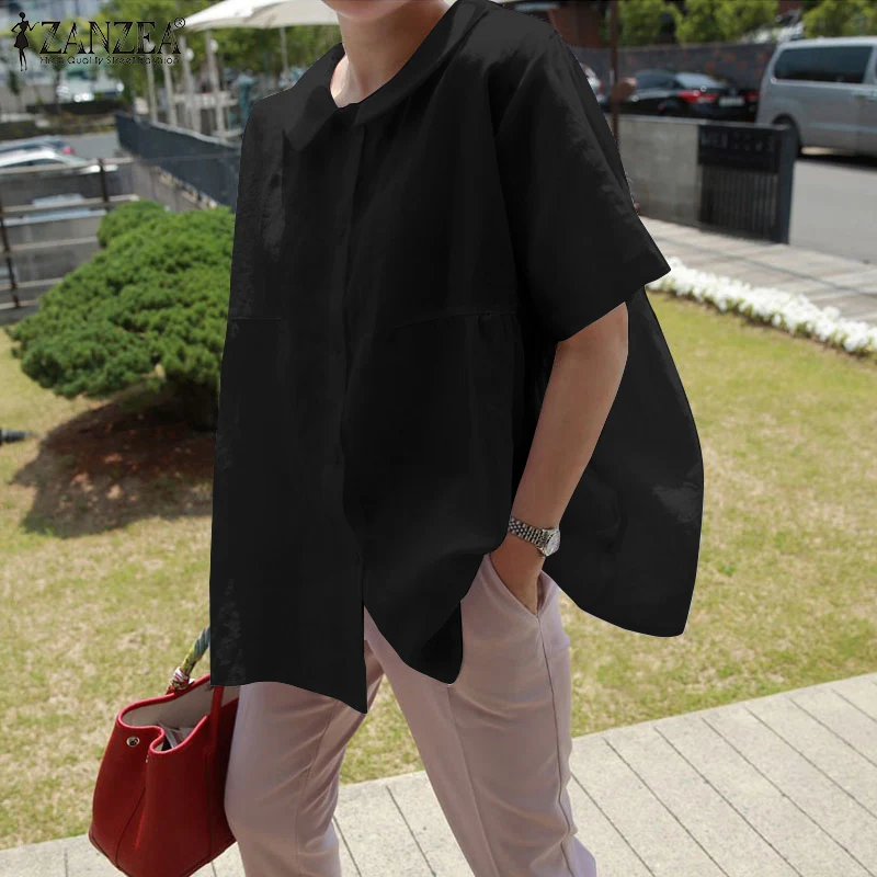 

Блузка ZANZEA женская с отложным воротником, Однотонная рубашка с коротким рукавом, свободная сорочка на пуговицах, повседневная офисная одеж...