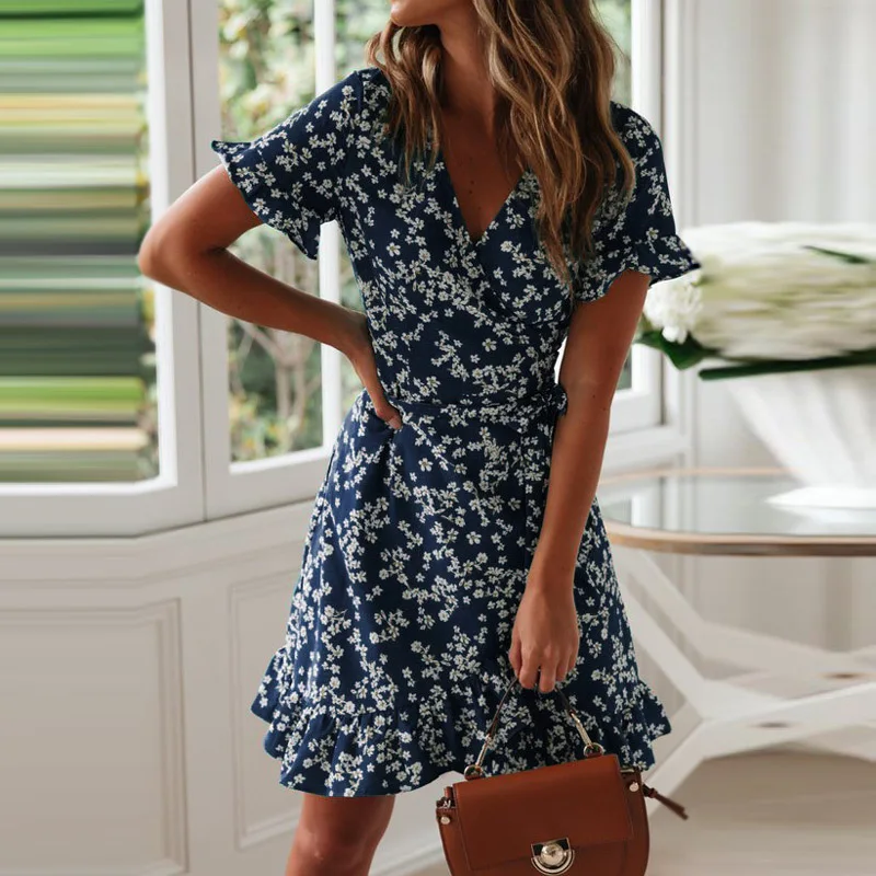 

2020 summer best-selling Europe and the United States printing v-neck lace high-waisted chiffon floral dress