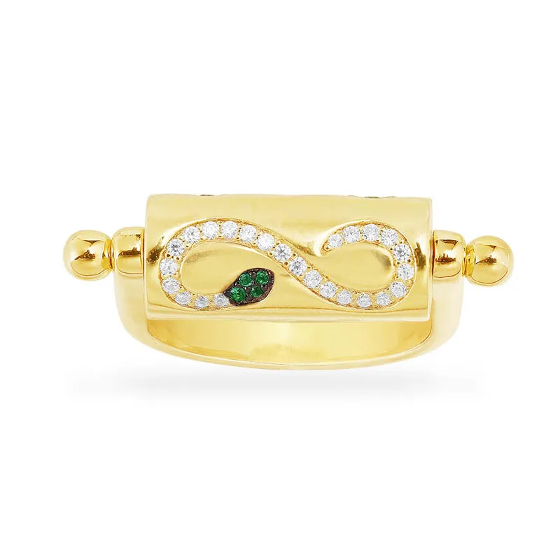 

High Quality Real 925 Sterling Silver Yellow Gold Color Serpent and Stars Multi Patterned Rotatable Finger Ring for Women