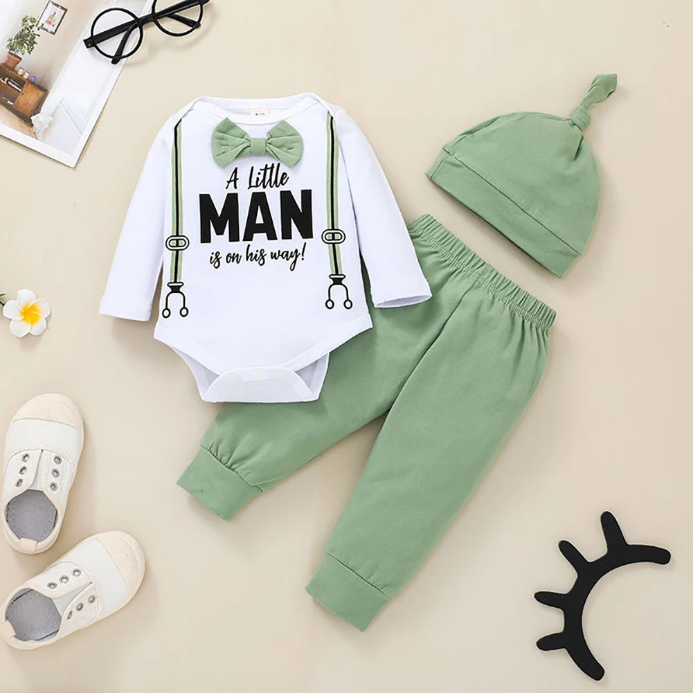 12M Baby Boy Gentleman Suit Letter Printing Long Sleeves + Hat + Pants + bow tie Birthday Party And Wedding Clothing