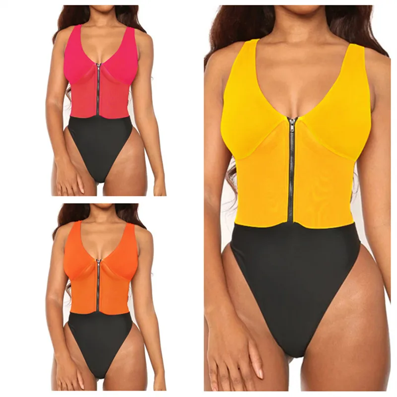 Сексуальный Одноцветный сетчатый женский купальник 2020 летний Цельный на молнии