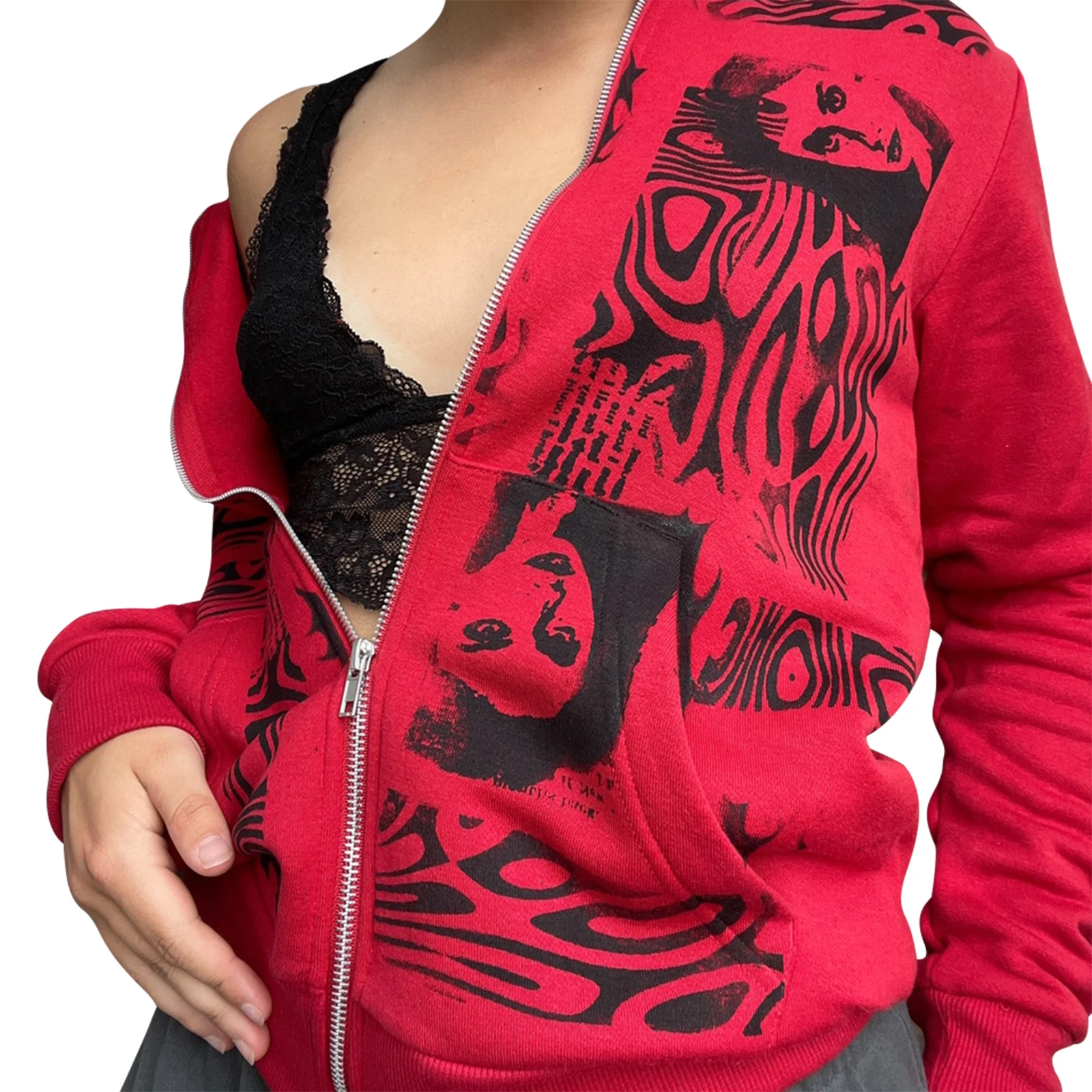 

Womens Full Zip Hoodies Pocket Polyester Autumn Fashion Portrait Print Long Sleeve Loose Sweatshirt Tops