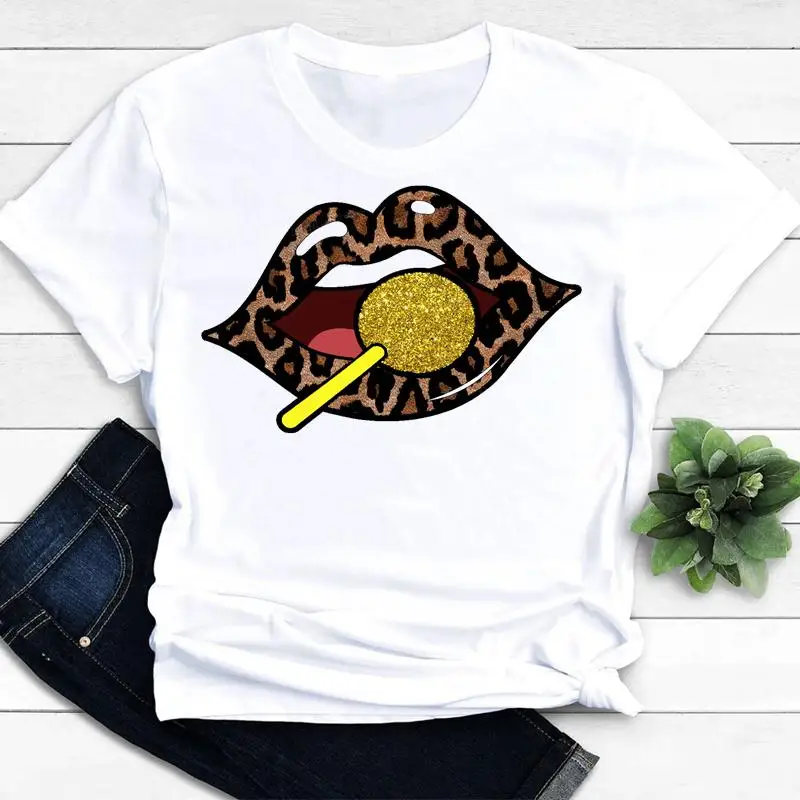 

Футболка женская с принтом леопарда и губ, Повседневная модная футболка с коротким рукавом, 2022