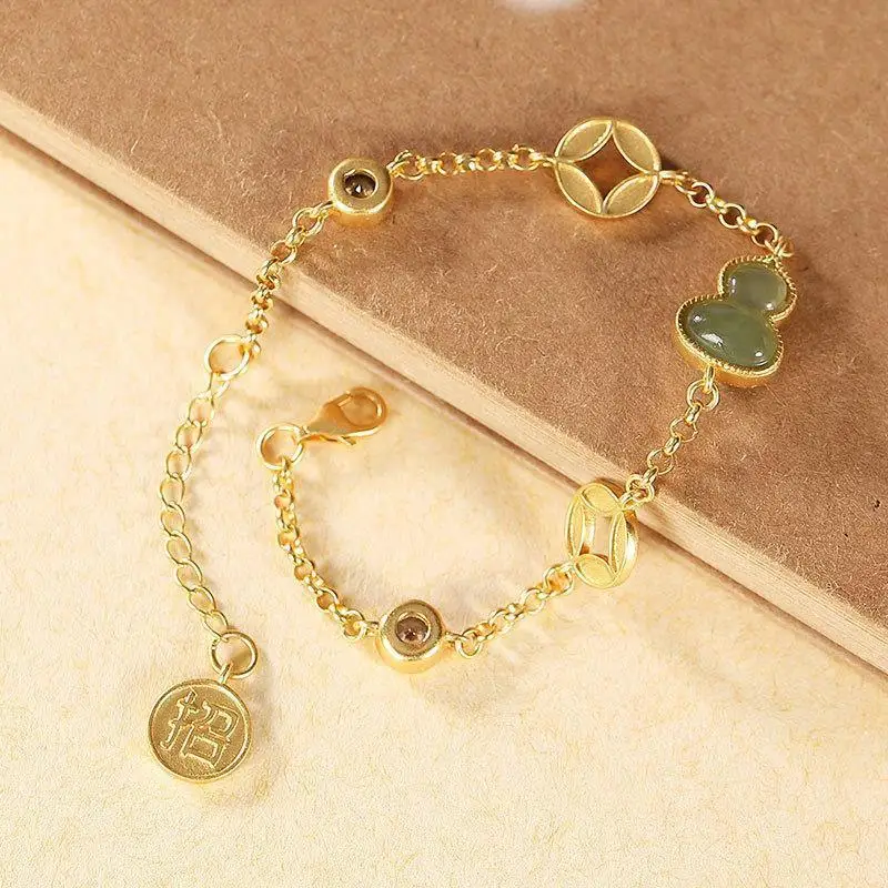 

Original S925 Sterling Silver Gilding Hetian Jade Creative All-Match New with Chinese Character Cai Coin Fu Lu Women's Bracelet