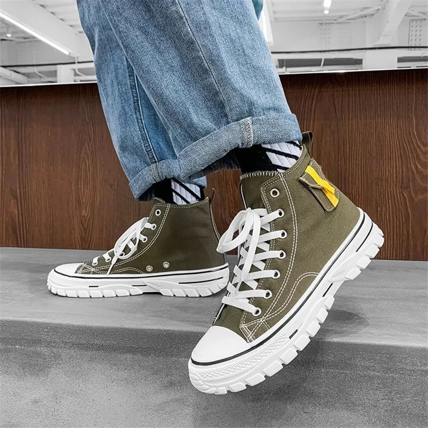 New Trend Men's Vulcanize Shoes Canvas Fashion Lace-up Solid Lovers Shoes Rubber Flat Sneakers Autumn Casual Driving Man Shoes