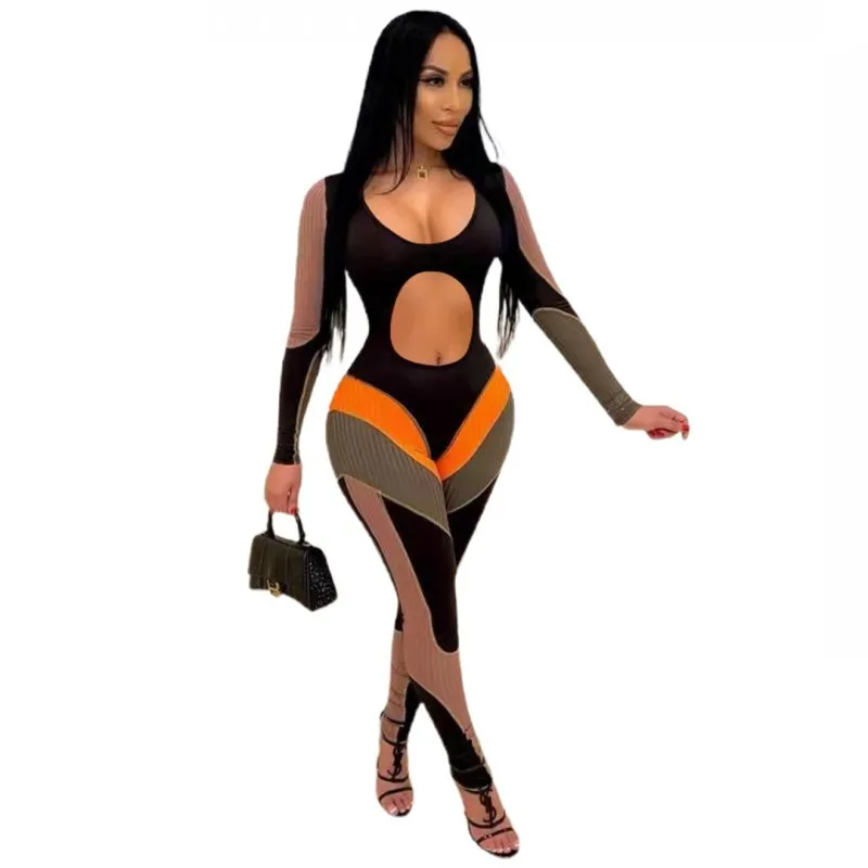 

Skinny Jumpsuit Women O Neck Bodycon Hollow Out Bodycon Rompers 2021 Autumn New Panelled Fashion Sexy Club Wear Jumpsuit Outfits