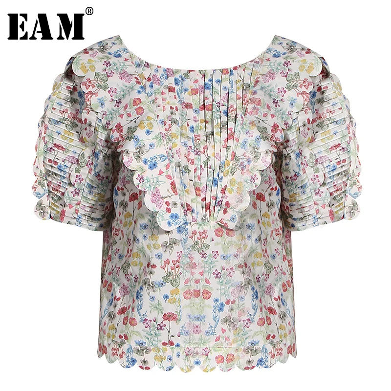 [EAM] Женская блузка с оборками и вышивкой новая свободная рубашка круглым вырезом