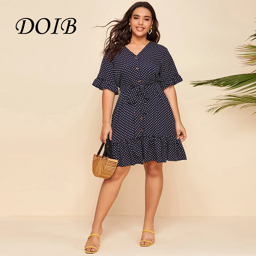 

DOIB Women Polk Dot Plus Size Dress Navy Blue Ruffle Short Sleeve Sashes Button Large Size 2021 Summer Fashion Dress