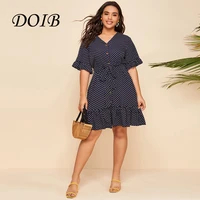 doib women polk dot plus size dress navy blue ruffle short sleeve sashes button large size 2021 summer fashion dress