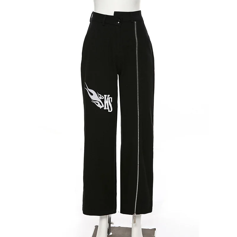 Готические черные женские свободные прямые брюки с высокой талией и вышитыми