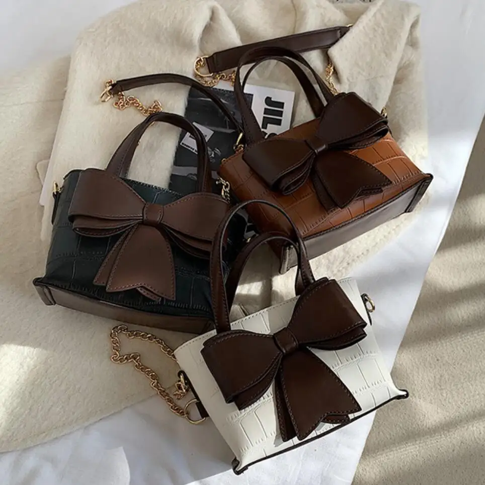 

Crocodile pattern Bow Tote Bucket bag 2020 Fashion New Quality PU Leather Women's Designer Handbag Chain Shoulder Messenger Bag