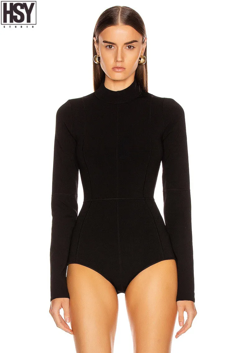 【HSY】2019 Осень Зима Новый женский длинный рукав круглый вырез черный сексуальный