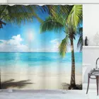 Кокосовое тропический зеленый занавеска для пляжного душа кокосовые пальмы тени на Карибского моря берега летняя футболка растения идиллический занавеска для ванны