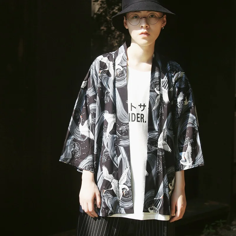 

Kimono Men Japanese Kimono Traditional male kimono cardigan men harajuku streetwear samurai costume yukata male haori obi FF001