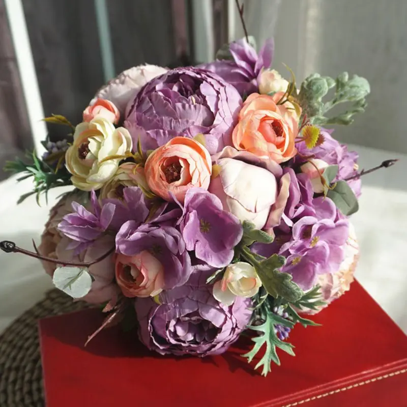Realistic Artificial Peony Wedding Bouquets Handmade Tea Rose Fake Berry Romantic Bride Bridesmaid Holding Flower Party Decor |