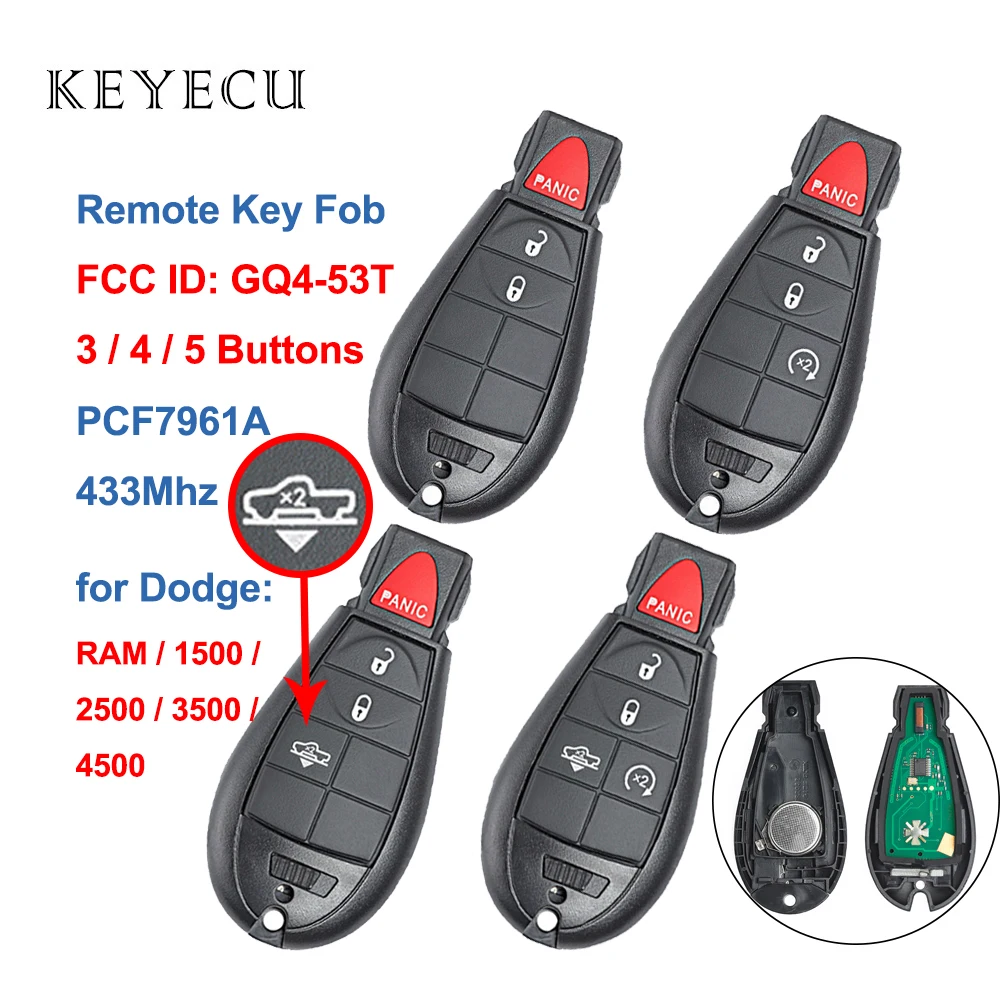 Keyecu-llave de coche remota GQ4-53T, 3, 4, 5 botones, Chip PCF7961A de 433MHz para Dodge RAM 1500, 2500, 3500, 4500, 2013, 2014, 2015, 2016, 2017, 2018