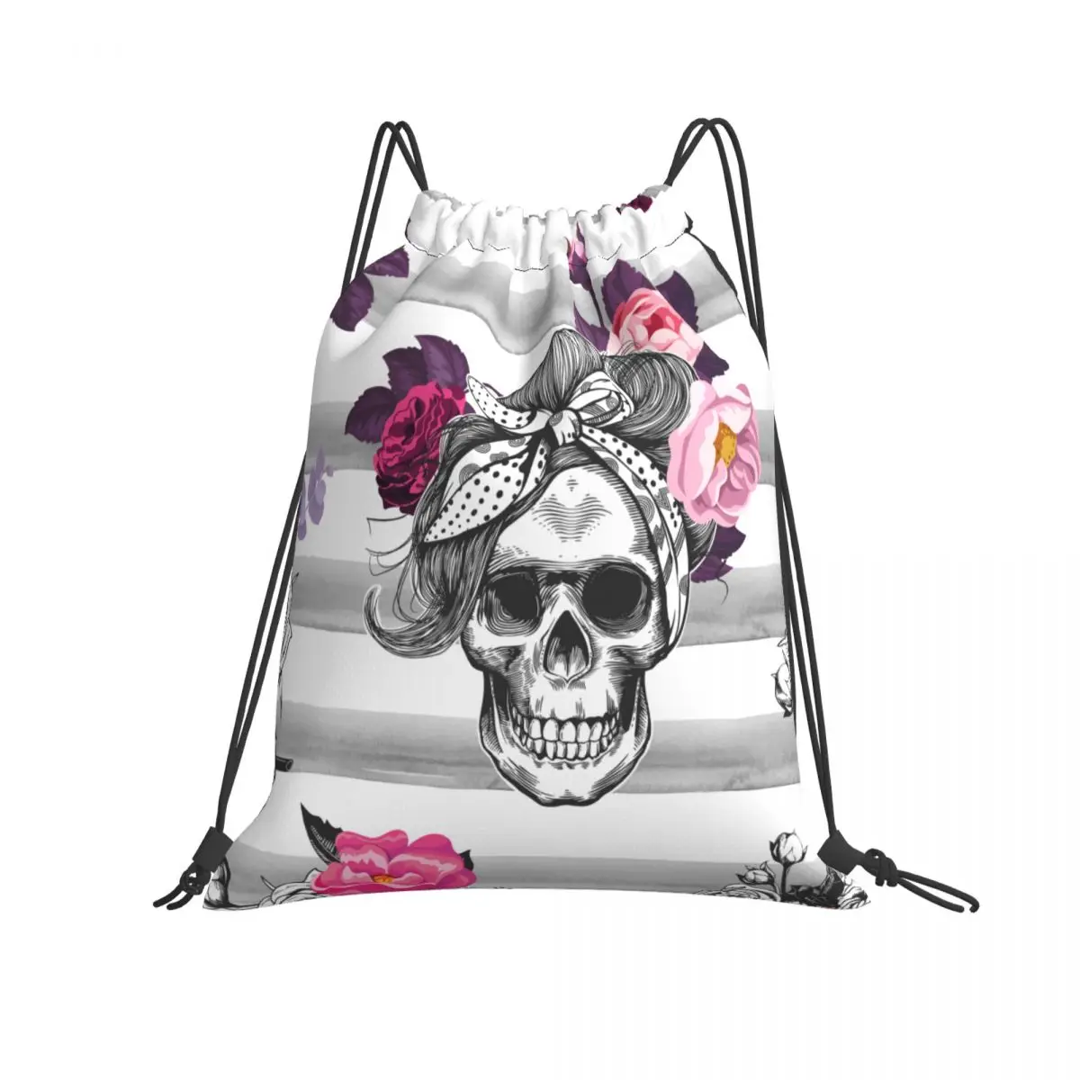 

Sport Gym Bag Skull Roses And Watercolor Stripes Drawstring Sport Fitness Travel Outdoor Backpack Shopping Bags Yoga Bag