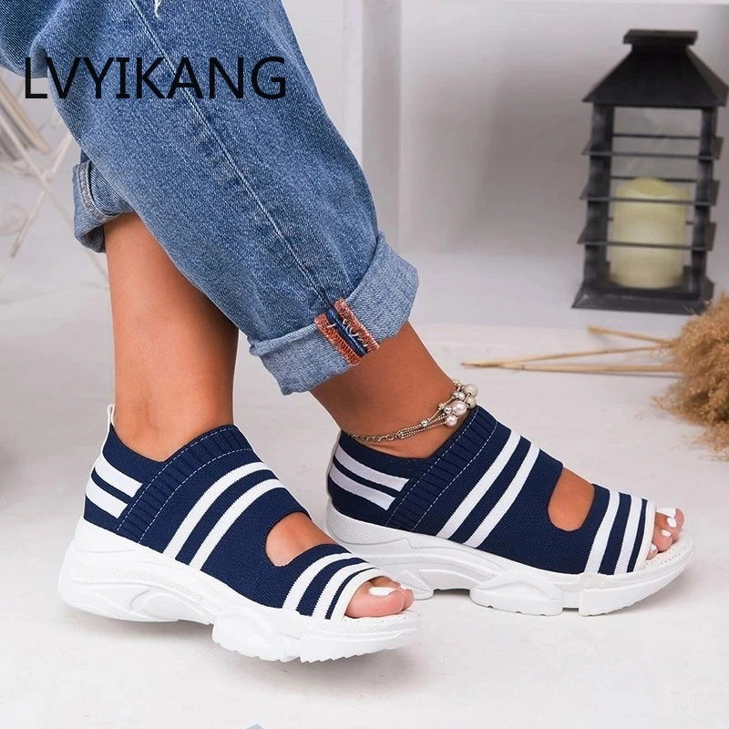 

new women summer vulcanize shoes striped thick bottom sports fish mouth shoes casual slip on ladies plus size shoes sneakers
