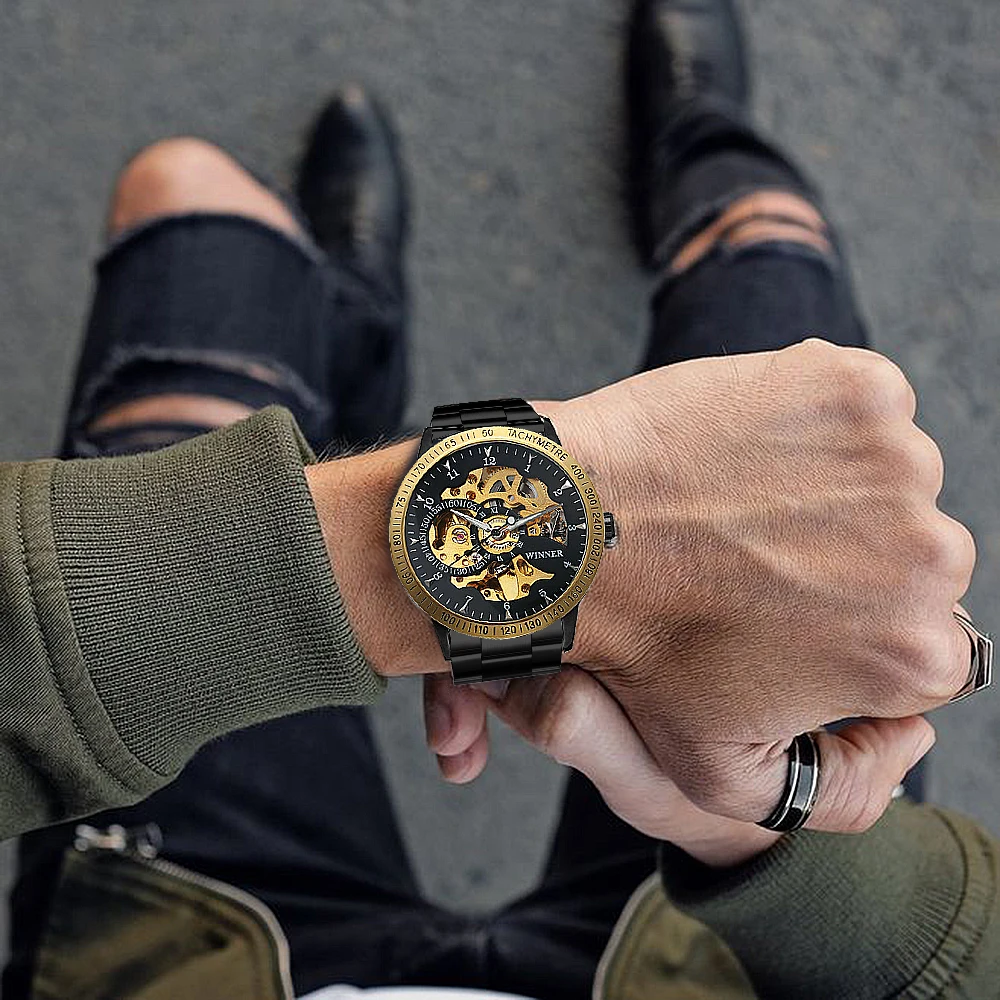 

Automatic Mechanical Watches For Men Top Brand Luxury Gold Watch Skeleton Steampunk Fashion Stainless Steel Strap