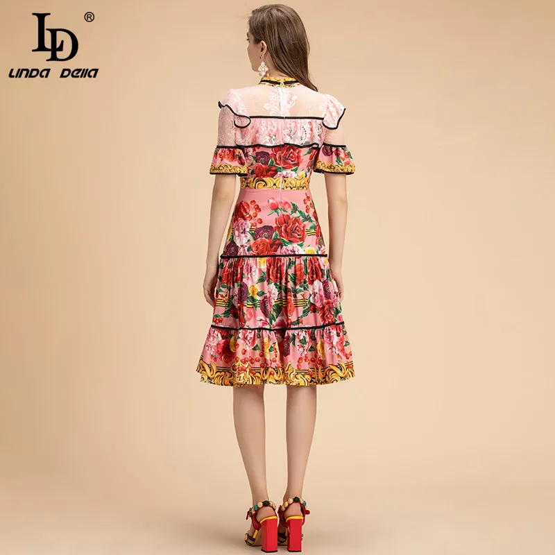 

LD LINDA DELLA Summer Fashion Runway Elegant Dress Women Flare Sleeve Ruffles Lace Patchwork Rose Flower Print A-Line Midi Dress